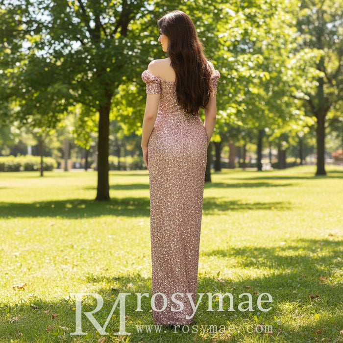 Mid Length Sparkly Sequin Evening Dress with Leg Slit and Off Shoulder - Rosymae