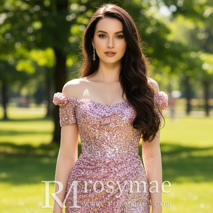 Mid Length Sparkly Sequin Evening Dress with Leg Slit and Off Shoulder - Rosymae