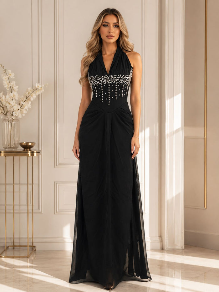 Midnight Crystal Embellished Halter Maxi Dress - Glamour