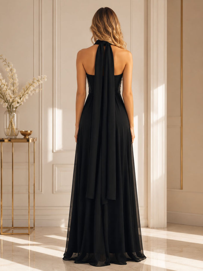 Midnight Crystal Embellished Halter Maxi Dress - Glamour