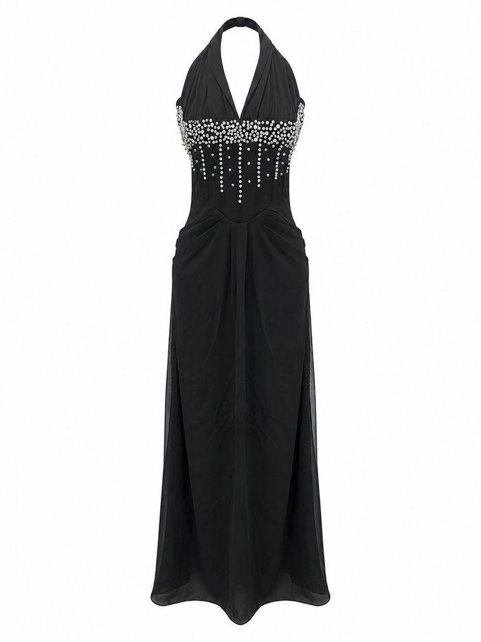 Midnight Crystal Embellished Halter Maxi Dress - Glamour
