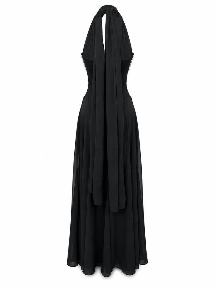 Midnight Crystal Embellished Halter Maxi Dress - Glamour