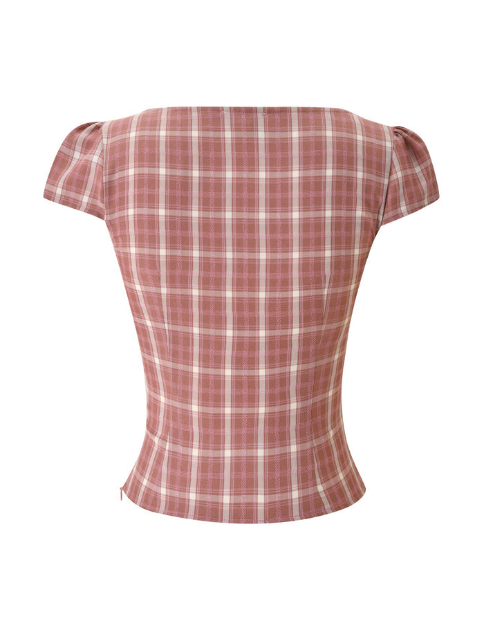 Back view of the TIGERMIST MIKA TOP in pink plaid, featuring short sleeves, a fitted silhouette, a boat neckline, subtle cap sleeves, and a curved hem, shown against a white background.