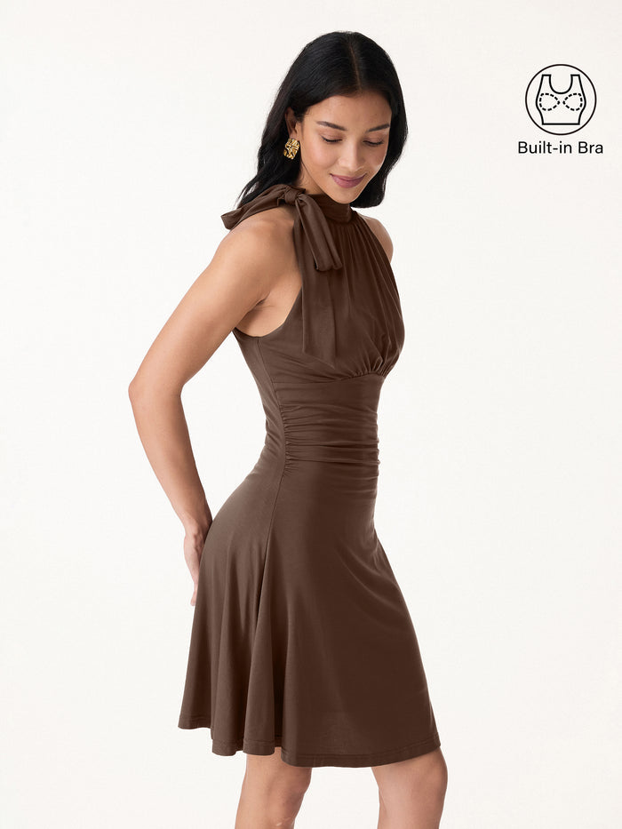OGLmove Milky Matte Mockneck Bow Tie Ruched Mini Bra Dress Chocolate Brown XS