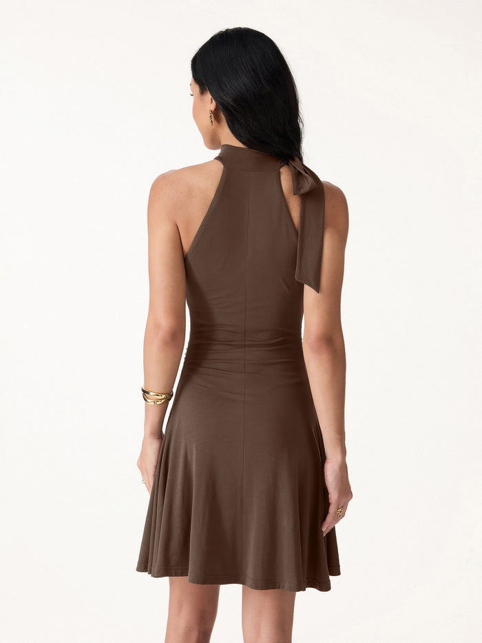 OGLmove Milky Matte Mockneck Bow Tie Ruched Mini Bra Dress