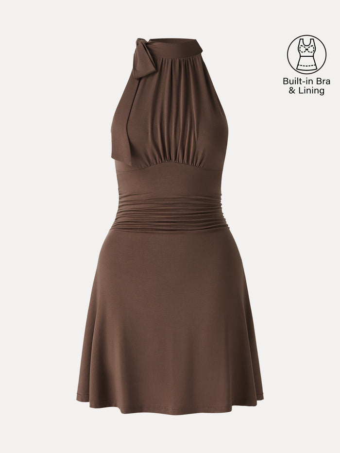 OGLmove Milky Matte Mockneck Bow Tie Ruched Mini Bra Dress