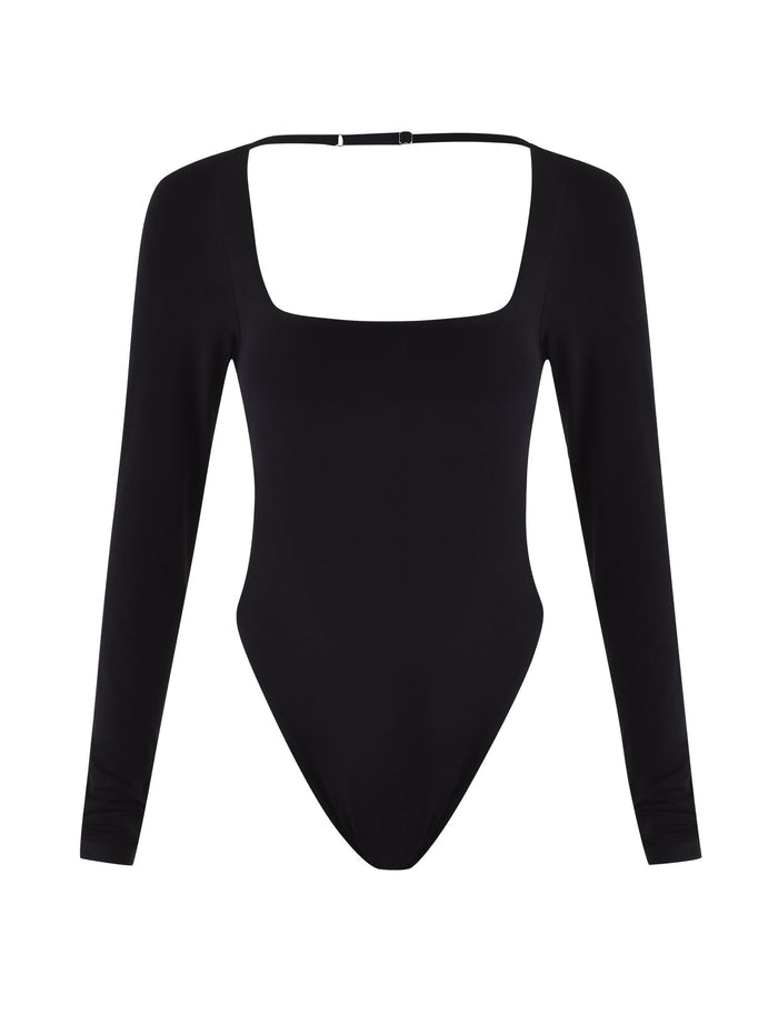 The TIGERMIST MINERVA LONG SLEEVE BODYSUIT - BLACK showcases a black, long sleeve, square neckline design with a high-cut leg and bodycon fit for a sleek silhouette, displayed on a white background.