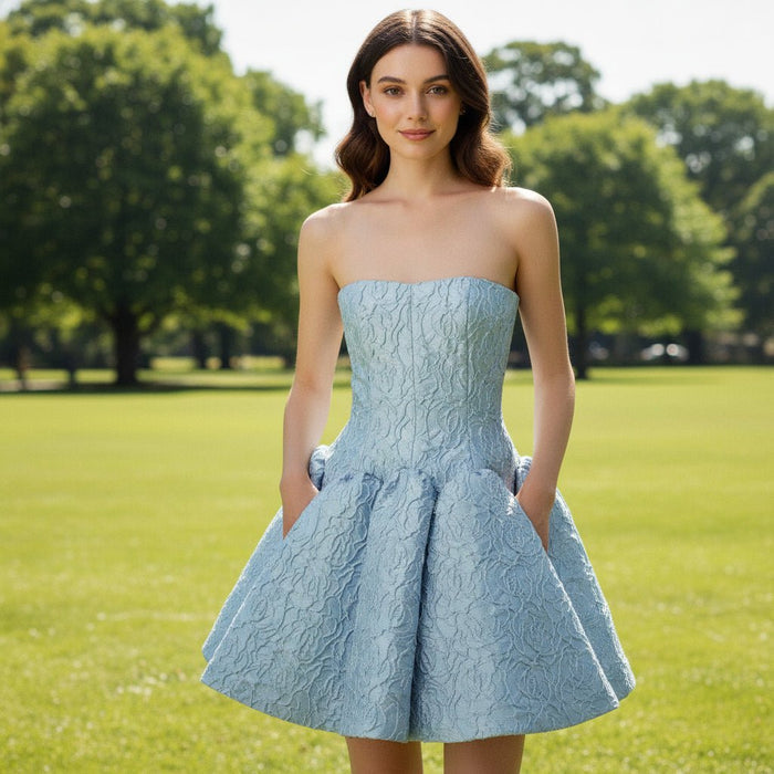 Mini Short Light Blue Printing Cocktail Dresses with Pocket - Rosymae