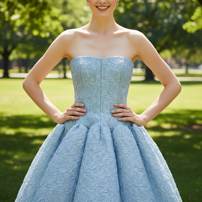 Mini Short Light Blue Printing Cocktail Dresses with Pocket - Rosymae