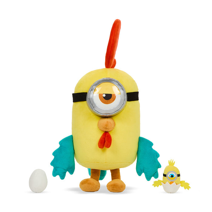 Large Minions Chicken plush by Kidrobot, soft and interactive with bright yellow fabric and detailed Minions character features.
