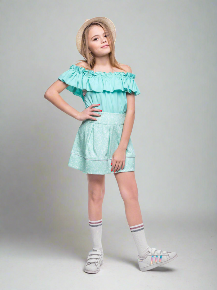 Mint Jacquard Pleated Skirt by Kids Couture Mia Belle Girls