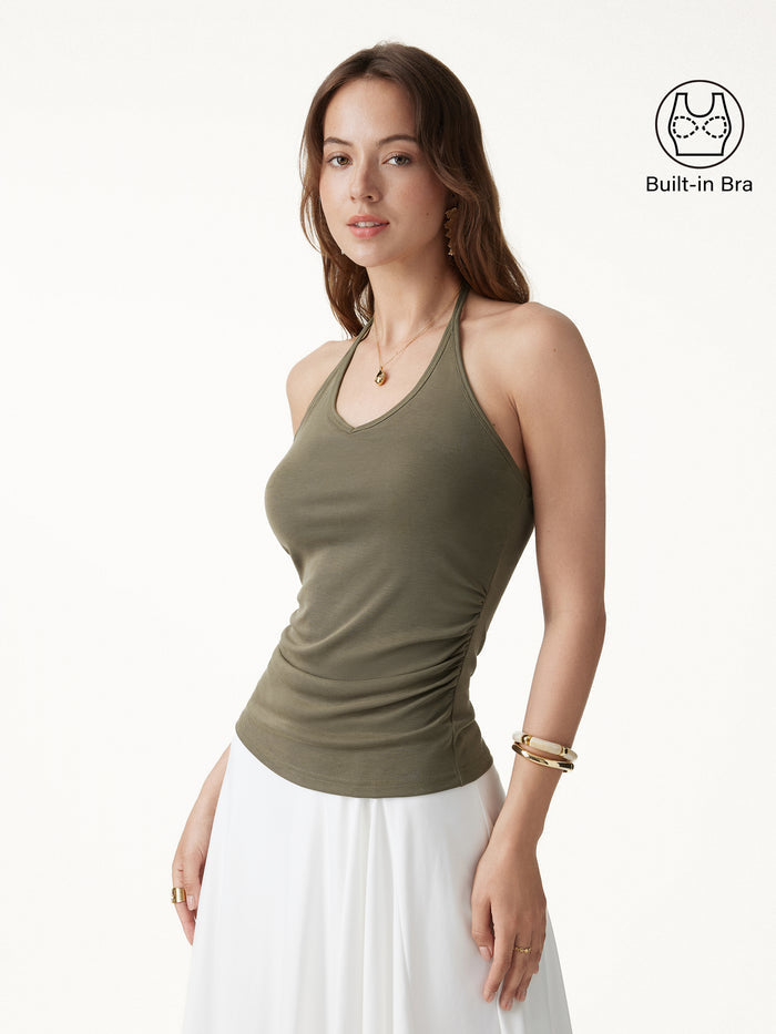 OGLmove Sandwashed Modal Halter Neck Open Back Ruched Bra Top Olive XS