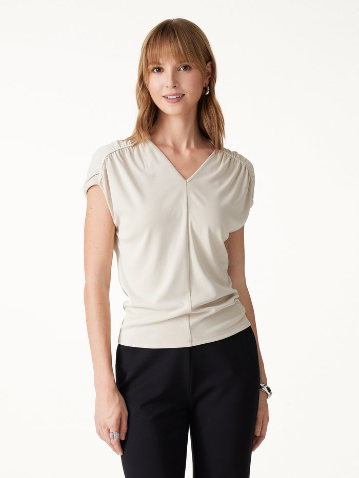 OGLmove Sandwashed Modal Relaxed V-Neck Gathered Shoulder Top