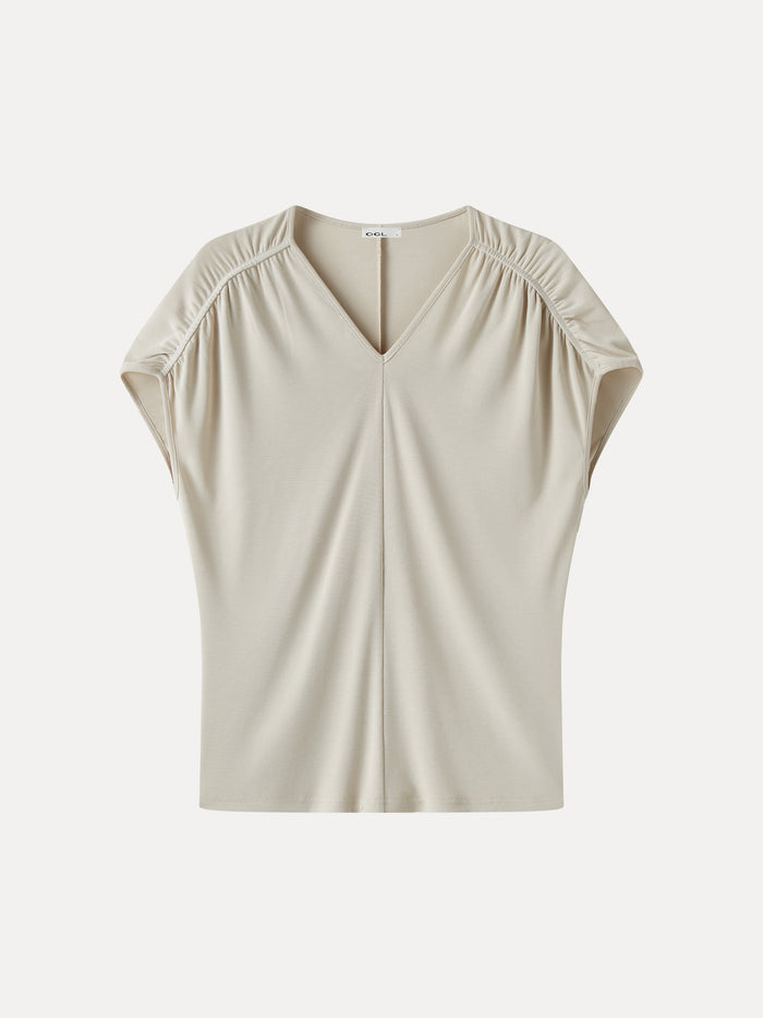OGLmove Modal Relaxed V-Neck Gathered Shoulder Top
