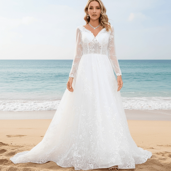 Modern Sheer Bodice A-line V-neck Lace Wedding Dress with Long Sleeves - Rosymae