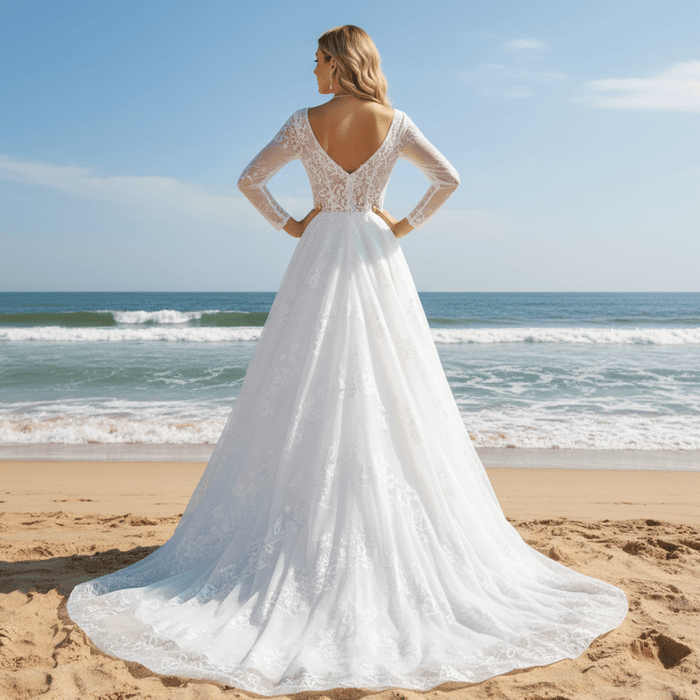 Modern Sheer Bodice A-line V-neck Lace Wedding Dress with Long Sleeves - Rosymae