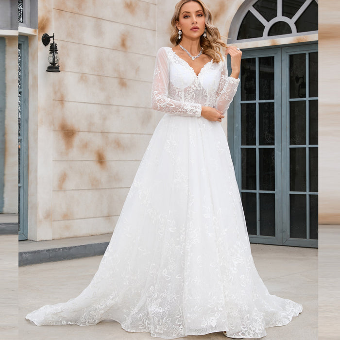 Modern Sheer Bodice A-line V-neck Lace Wedding Dress with Long Sleeves - Rosymae