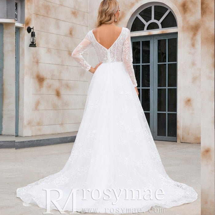 Modern Sheer Bodice A-line V-neck Lace Wedding Dress with Long Sleeves - Rosymae