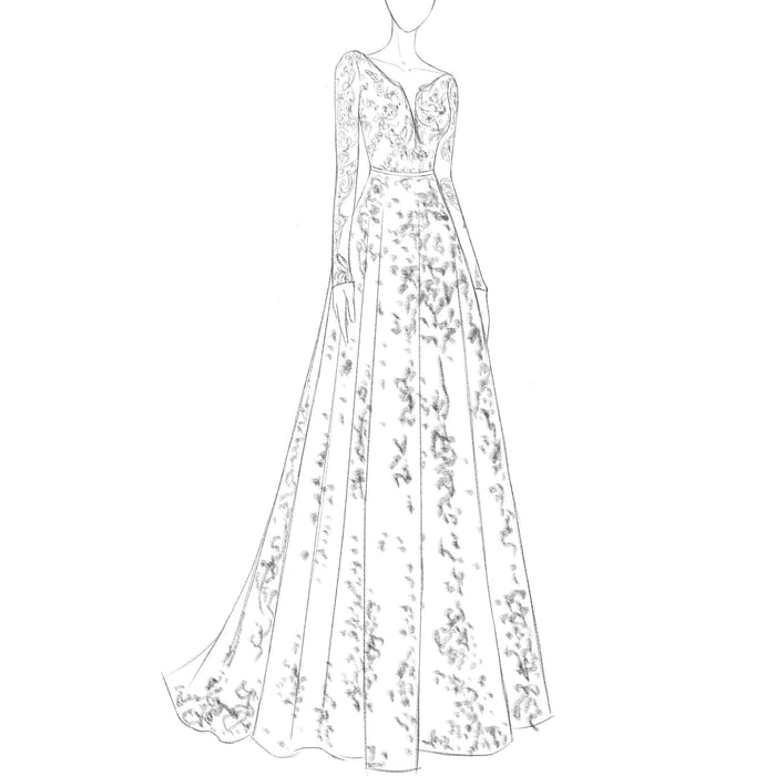 Modern Sheer Bodice A-line V-neck Lace Wedding Dress with Long Sleeves - Rosymae