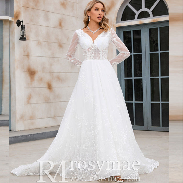 Modern Sheer Bodice A-line V-neck Lace Wedding Dress with Long Sleeves - Rosymae