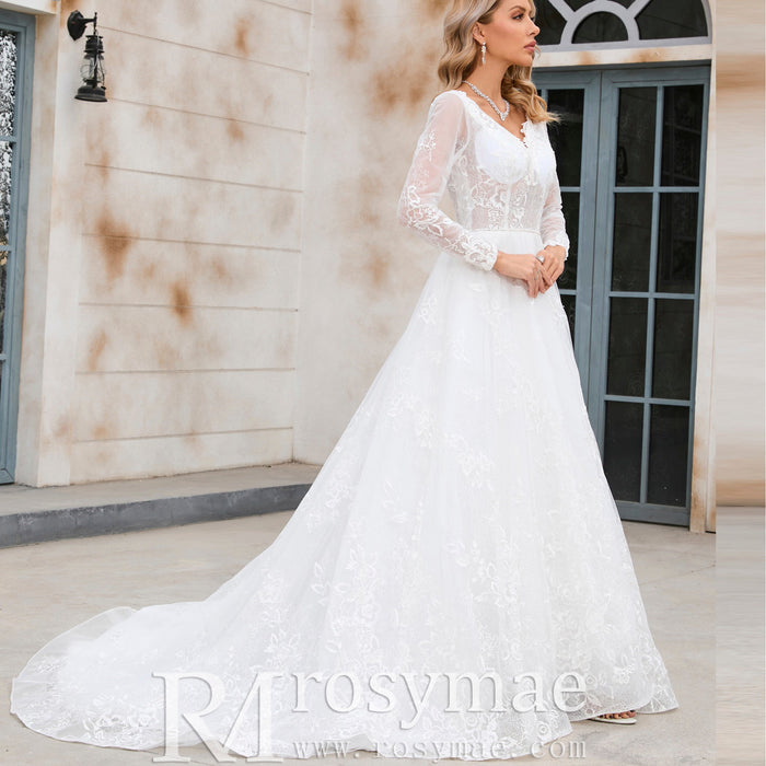 Modern Sheer Bodice A-line V-neck Lace Wedding Dress with Long Sleeves - Rosymae