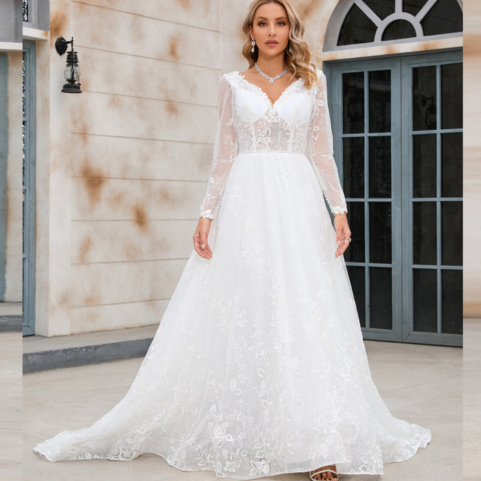 Modern Sheer Bodice A-line V-neck Lace Wedding Dress with Long Sleeves - Rosymae
