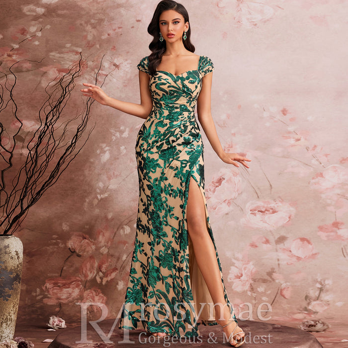 Modest Mermaid-Style Party Dress with Sweetheart Neckline & High Thigh-slit - Rosymae