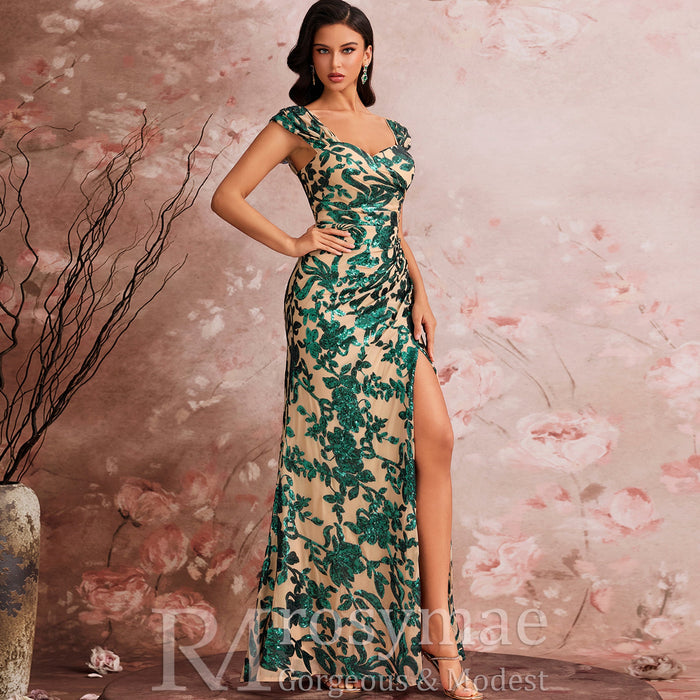 Modest Mermaid-Style Party Dress with Sweetheart Neckline & High Thigh-slit - Rosymae