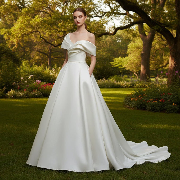 Modest Satin Plain Wedding Dress with Capped Sleeves - Rosymae