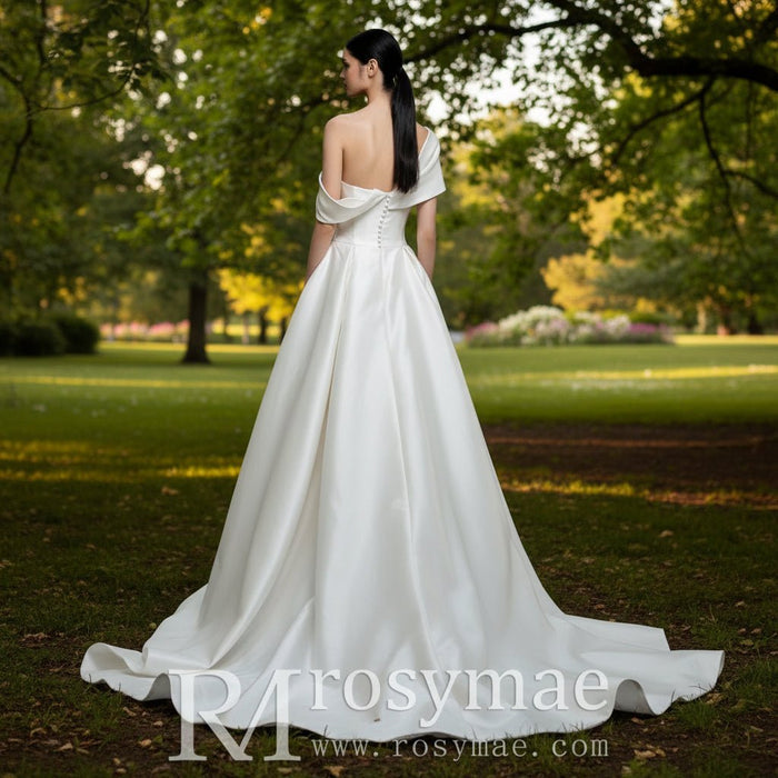 Modest Satin Plain Wedding Dress with Capped Sleeves - Rosymae