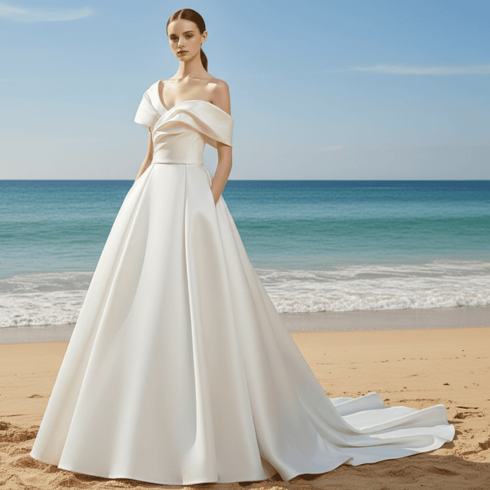 Modest Satin Plain Wedding Dress with Capped Sleeves - Rosymae