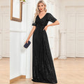Modest Short Sleeves Women Formal Evening Gown Sequin Prom Dress - Rosymae