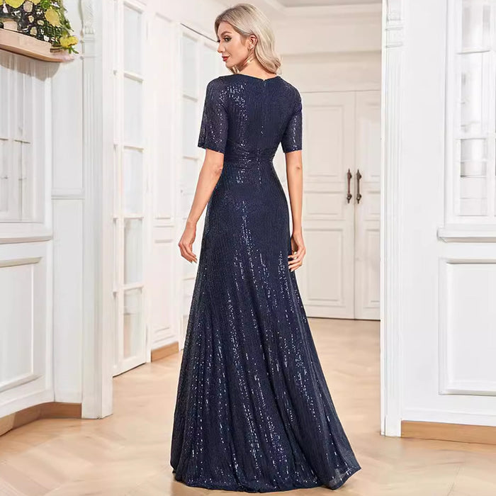 Modest Short Sleeves Women Formal Evening Gown Sequin Prom Dress - Rosymae