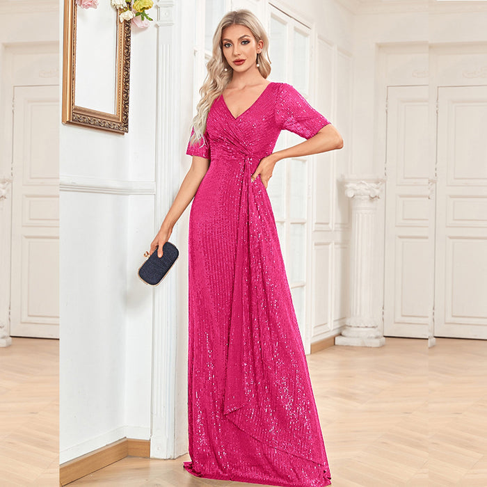 Modest Short Sleeves Women Formal Evening Gown Sequin Prom Dress - Rosymae