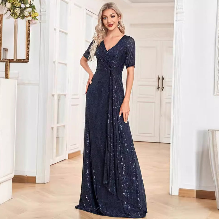 Modest Short Sleeves Women Formal Evening Gown Sequin Prom Dress - Rosymae