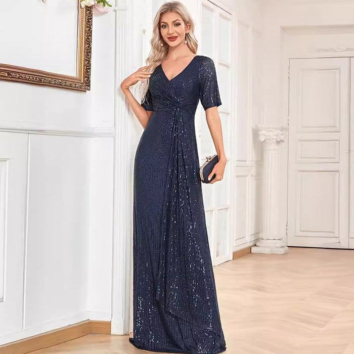 Modest Short Sleeves Women Formal Evening Gown Sequin Prom Dress - Rosymae