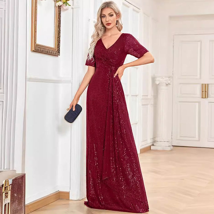 Modest Short Sleeves Women Formal Evening Gown Sequin Prom Dress - Rosymae