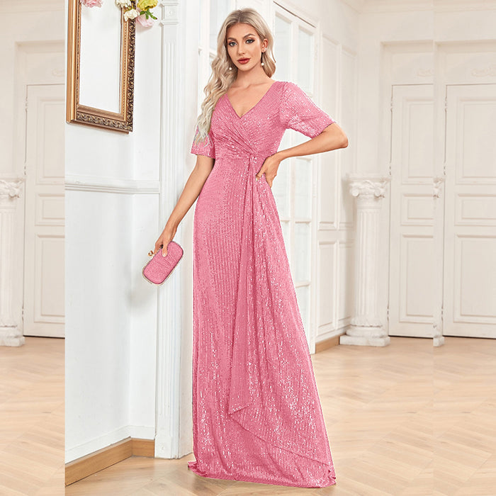 Modest Short Sleeves Women Formal Evening Gown Sequin Prom Dress - Rosymae