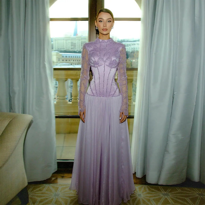 Modest Sparkly Lilac Evening Dress with Long Beads SS786