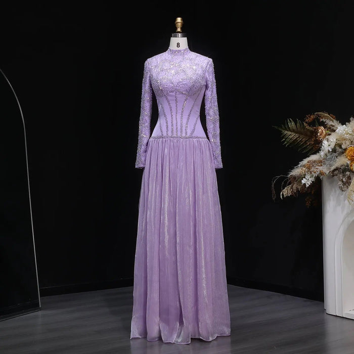 Modest Sparkly Lilac Evening Dress with Long Beads SS786
