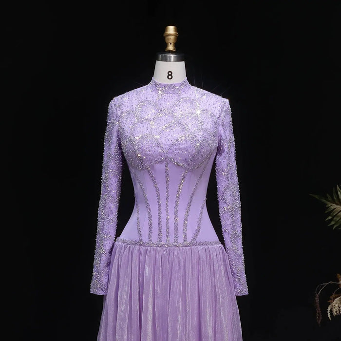 Modest Sparkly Lilac Evening Dress with Long Beads SS786