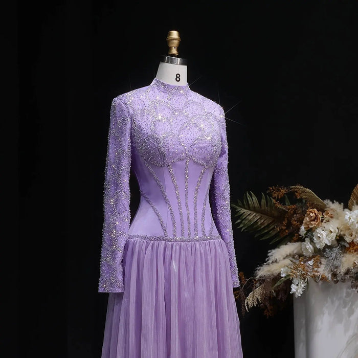 Modest Sparkly Lilac Evening Dress with Long Beads SS786