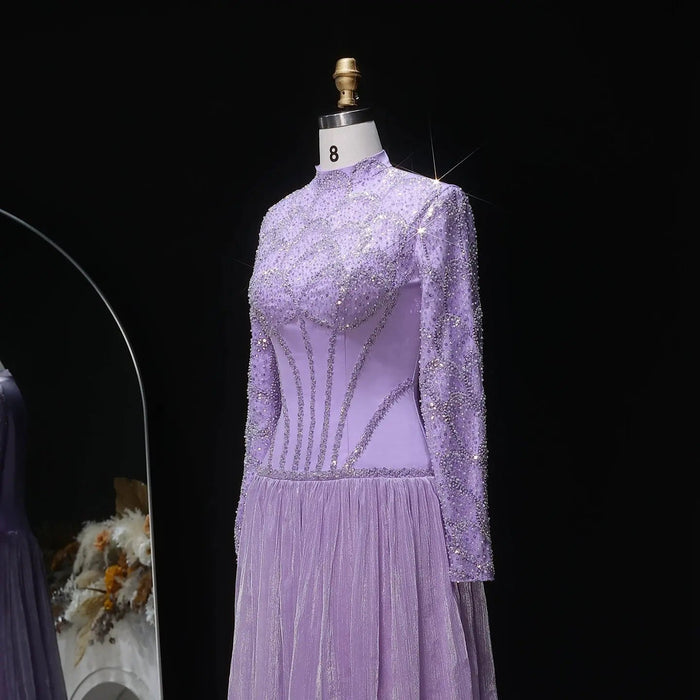 Modest Sparkly Lilac Evening Dress with Long Beads SS786