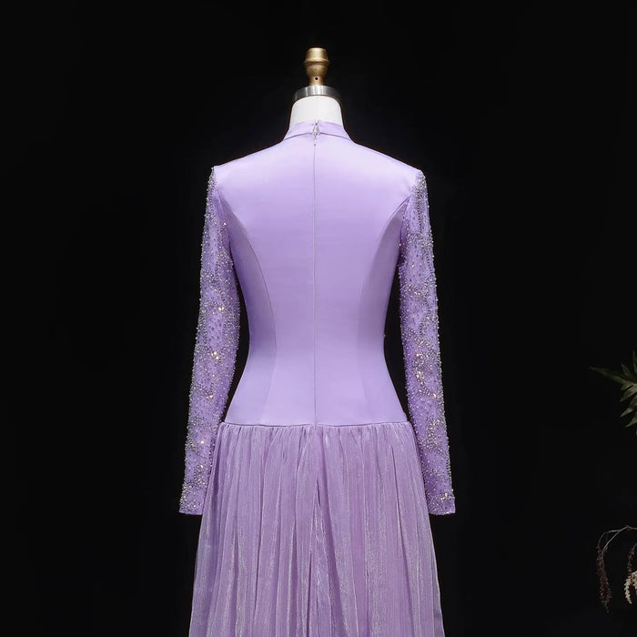 Modest Sparkly Lilac Evening Dress with Long Beads SS786