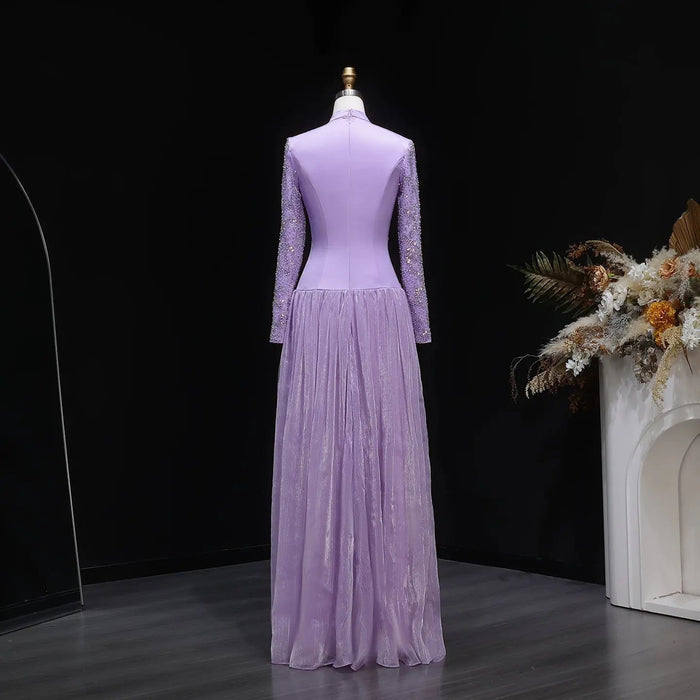 Modest Sparkly Lilac Evening Dress with Long Beads SS786