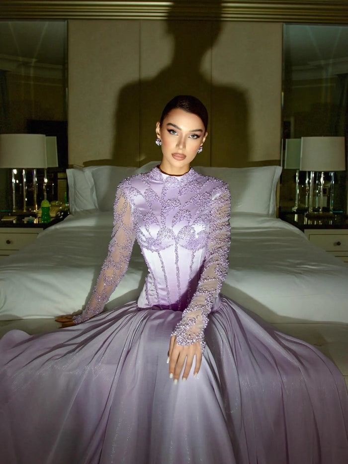 Modest Sparkly Lilac Evening Dress with Long Beads SS786