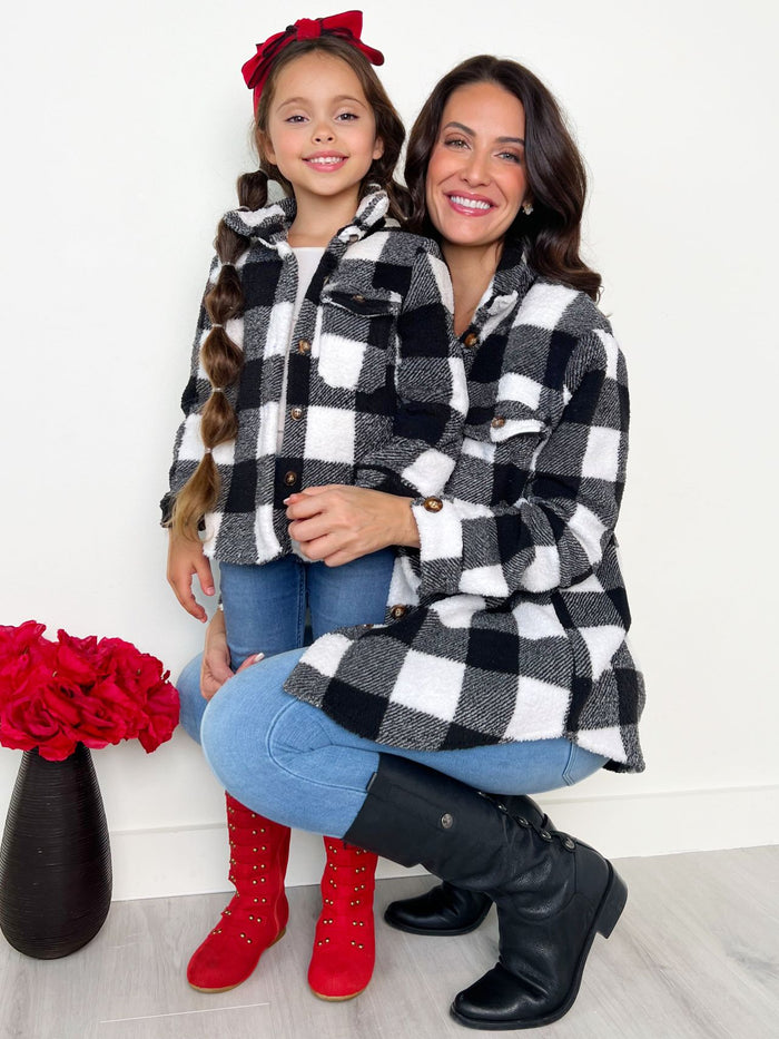 Mommy and Me Black and White Buffalo Plaid Sherpa Shacket Mia Belle Girls