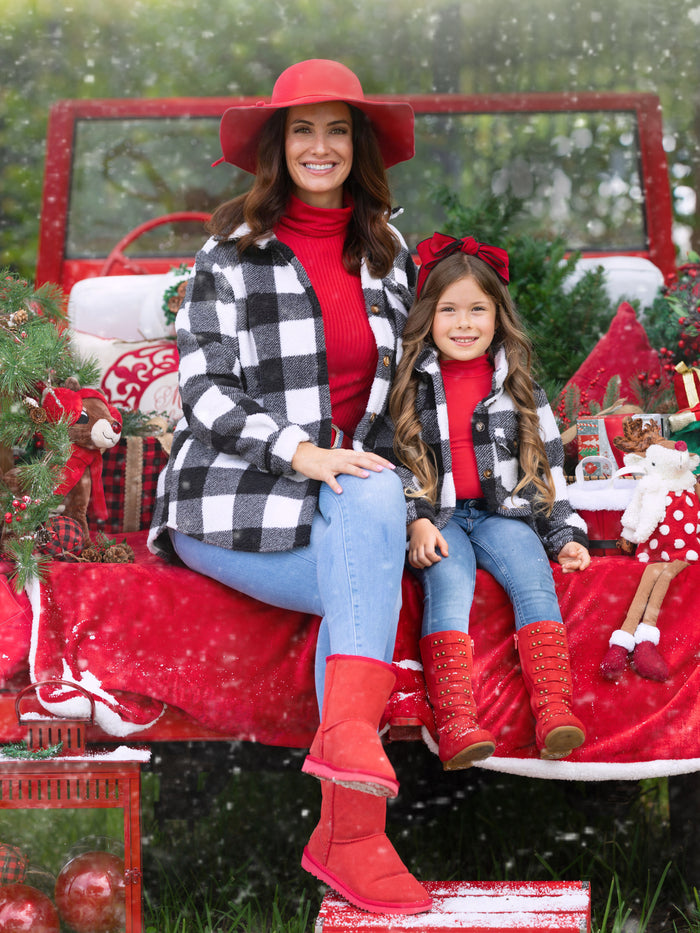 Mommy and Me Black and White Buffalo Plaid Sherpa Shacket Mia Belle Girls