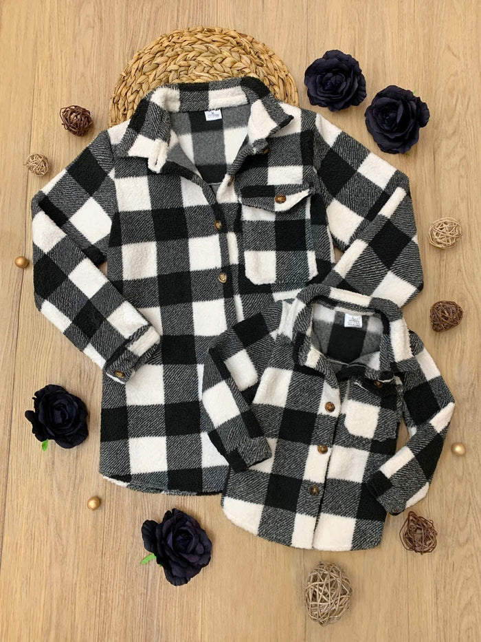 Mommy and Me Black and White Buffalo Plaid Sherpa Shacket Mia Belle Girls