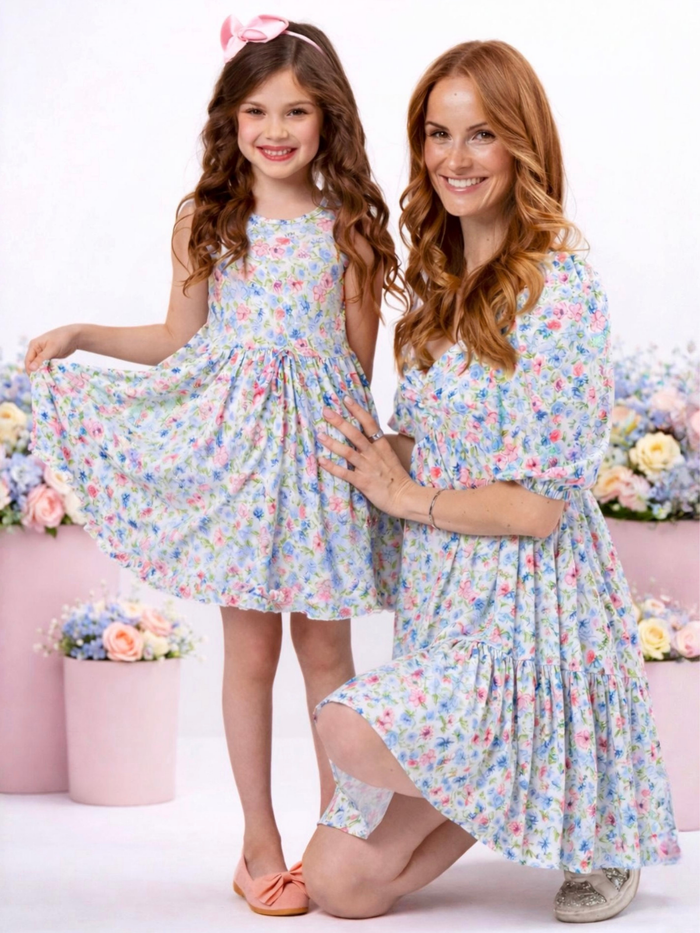 Mom and daughter wearing matching multicolor floral dresses for spring outfits